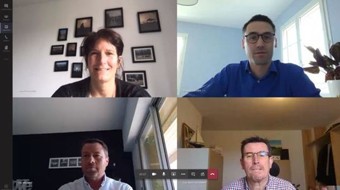 Une partie de l’équipe du réseau Motival en conférence de travail sur Teams avec, de gauche à droite, Marie-Pierre Lubet, Benjamin Viguier, Éric Malabat, Yves-Marie Allainmat et Alain Baraton (médaillon).